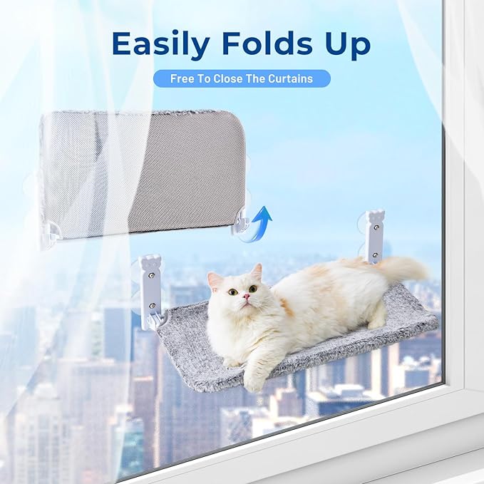 Cat Window Perch for Cats Inside, Foldable Cat Window Hammock for Large Cats Indoor, Cordless Cat Window Bed Seat with 4 Suction Cups, Sturdy Metal Frame, Soft Reversible Cover, Large, Grey