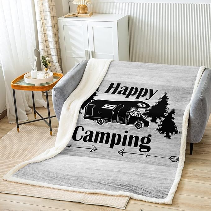 Erosebridal Rustic Farmhouse Style Throw Blanket for Bed, Couch, Camper - Kids Boys Girls Happy Camping Sherpa Blanket 40x50 Retro Arrows Black and White Bedroom Decor, Soft