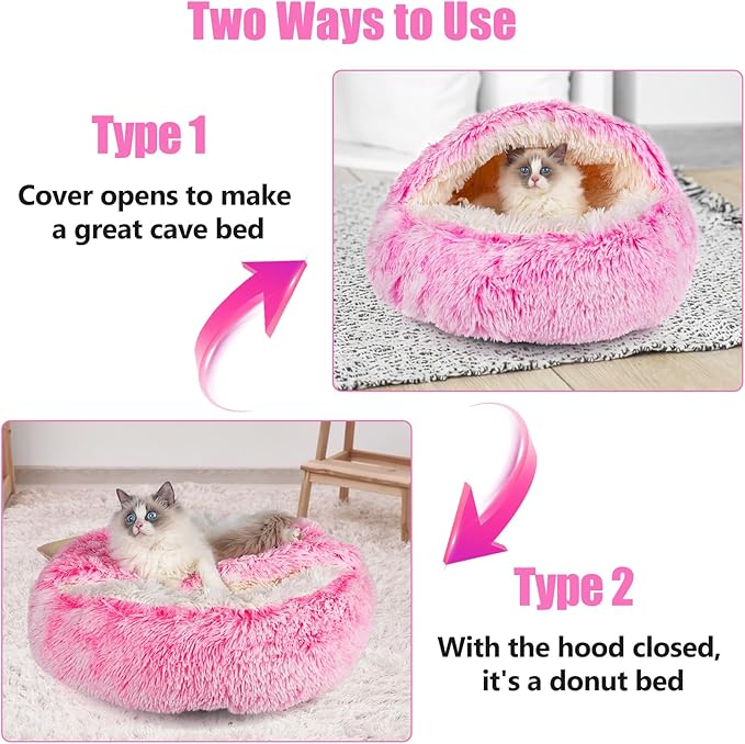 Cat Beds & Dog Bed with Cover Cave, Dog Beds for Small Dogs, Round Soft Plush Donut Calming Pet Bed for Indoor Cats or Small Dog, Washable Puppy Bed with Non-Slip Bottom-16inch