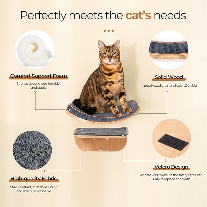 Cat Shelves, Cat Wall Steps and Perch, Cat nest, Wooden Floating Cat Climbing Furniture for Hopping and Sleeping, with Scratching Cushion(Combo)