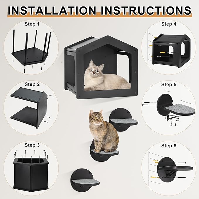 Cat Wall Shelves, Cat Shelves and Perches for Wall, Cat House Fit Cat Up to 25Lbs, 1 Cat Condo House and 3 Large Cat Steps with Scratching Pad, Cat Climbing Shelf for Indoor, Cat Wall Furniture