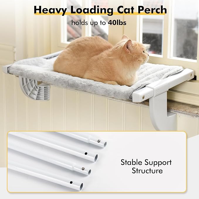 Window Sill Mount Cat Perch for Indoor Cats, One-Step Sliding Clamping Slot Adjustment Cat Hammock with Removable Two Fabrics Cover, No Suction Cups Cat Bed for Windowsill & Bedside (Large)
