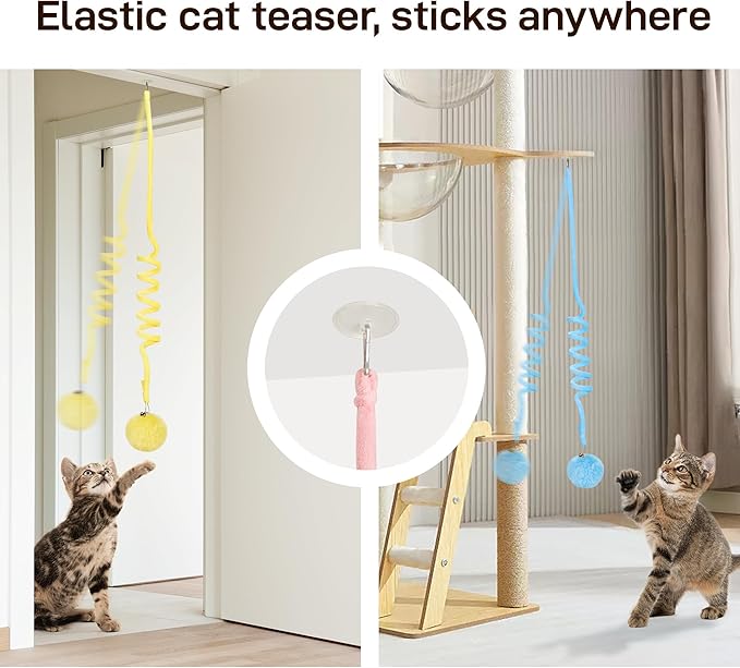 Potaroma Hanging Fluffy Cat Catnip Ball Toys 3 Pcs with Bell, Interactive Cat Teaser Retractable, Cat Toys Indoor Kitten Play Chase Exercise Physical Stimulation