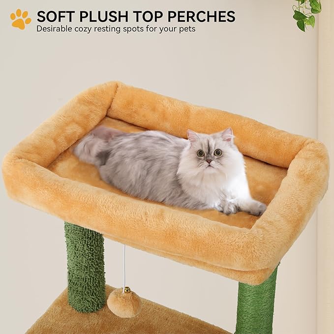 YITAHOME Tall Cactus Cat Tree Tower with Self-Grooming Brush, 60in Cute Cat Climbing Tower for Indoor Cats with Cat Condo, Top Perch, Basktet, Sisal Scratching Posts and Board,Toy Balls