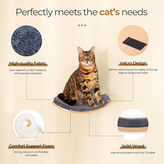 Cat Shelves, Cat Wall Steps and Perch, Cat nest, Wooden Floating Cat Climbing Furniture for Hopping and Sleeping, with Scratching Cushion(Perch)