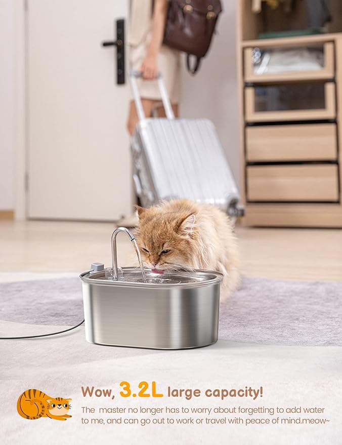 SOOFPET Cat Water Fountain: with 6pcs Carbon Filter + 3pcs Sponge - 108oz/3,2L Pet Water Fountain Stainless Steel - Cat Fountains for Drinking with Quiet Pump Dishwasher Safe Design Faucet-Shaped