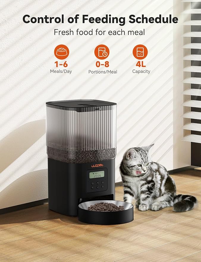 WOPET Automatic Cat Feeder, 4L Automatic Dog Feeder with 180-Day Battery Life, Programmable Cat Food Dispenser with Stainless Steel Bowl,1-6 Meals Per Day