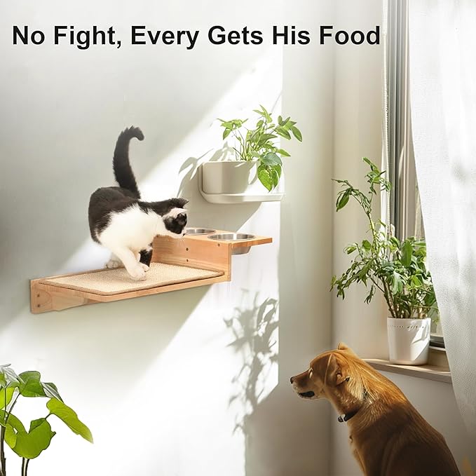 FUKUMARU Cat Wall Shelves, 3 in 1 Cat Wall Furniture Set, Cat Food Station with 2 Wall Steps, Solid Rubber Wood Cat Perch, Suitable for Cats Play, Nap, Eat, DIY Wall Jungle Gym