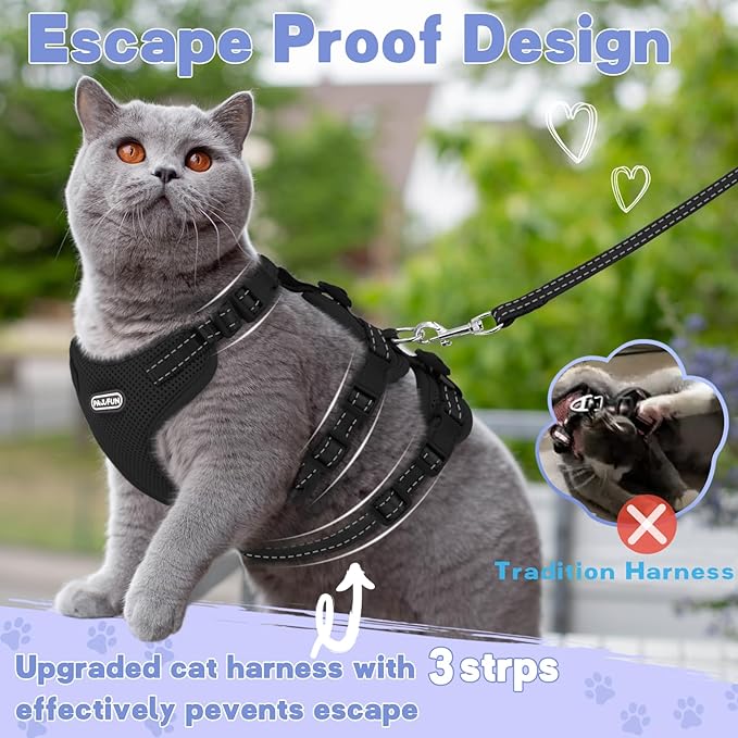 Fully Escape Proof Cat Harness and Leash Set for Walking, Adjustable Soft Kitten Vest with Reflective Strip for Small Medium Large Adult Cats, Breathable Kitty Harness,Black M