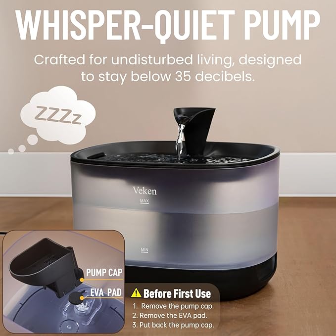Veken Cat Water Fountain with Detachable Tank, Easy to Clean & Assemble, 84oz/2.5L Automatic Pet Drinking Dispenser with Quiet Operation, Appealing to Cats, Small Pets and Dog, Black