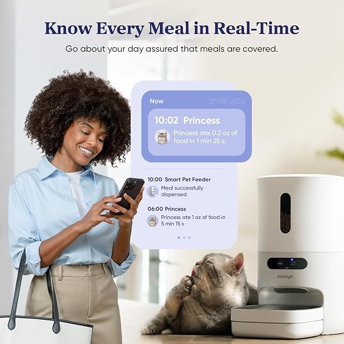 Automatic Cat Feeder, Smart Scale Tracks Pet's Food Intake, App Remote Feeding, 3.6L Timed Food Dispenser for Cats and Dogs, Up to 10 Meals Per Day, Stainless Steel Bowl, Dual Power Supply