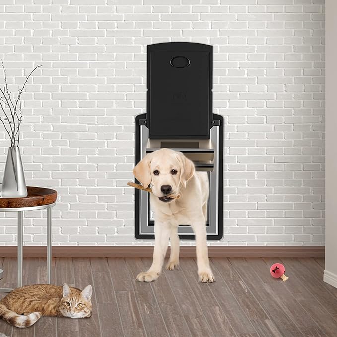 ClawJaw Dog Door for Exterior Wall, Metal Frame and Telescopic Tunnel Pet Door, Double-Sided Wind Deflector and Magnetic Flaps, Easy to Install, Black (Pets Up to 120 Lb)-Large