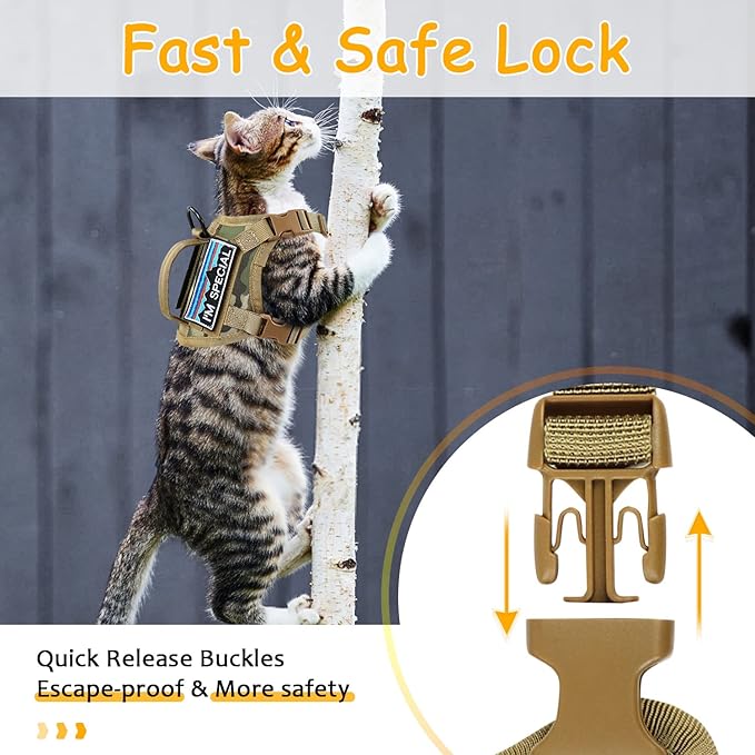 Tactical Cat Harness for Walking, Adjustable Escape Proof Pet Vest for Large Cat,Easy Control Breathable Cat Vest with Handle,Molle Patches (Camo Khaki, L)