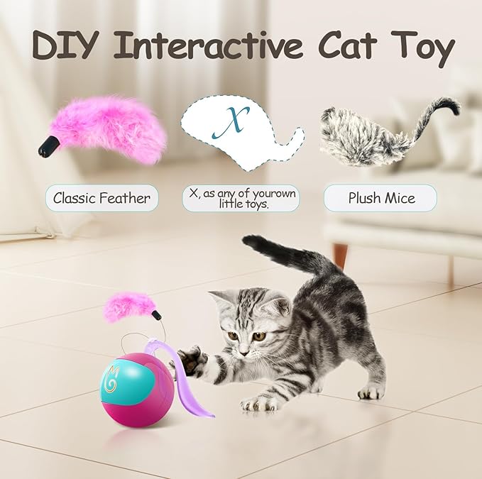 Migipaws Interactive Cat Ball Toy Set, Fun Tracker, Automatic Rolling Chase Ball with Fluffy Tail, A Small Mice, Rechargeable(Rose)