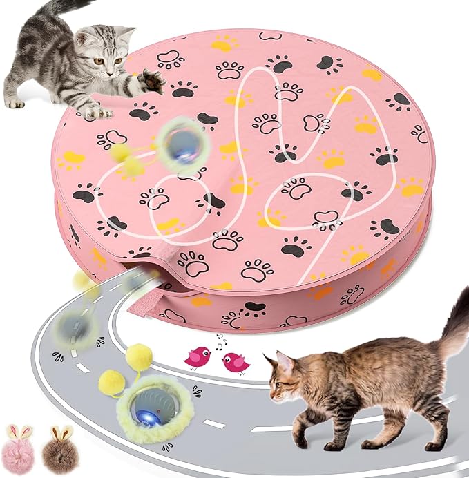 Cat Toys, Interactive Cat Toys for Indoor Cats USB Rechargeable, Automatic Motion Activated Moving Hide and Seek Self Rotating Electric Cat Ball Toy in Play Mat with LED Lights, 2 Plush Cover