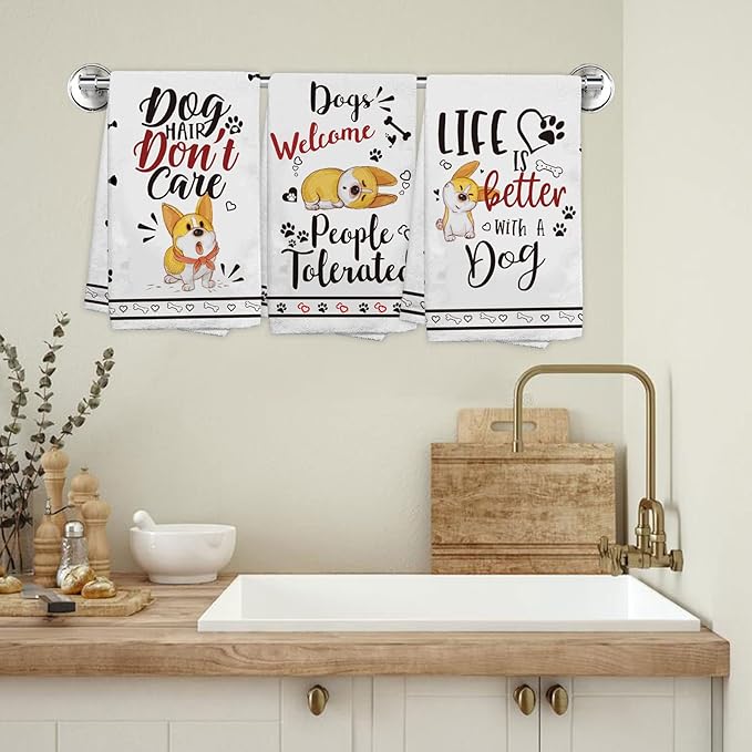 Hexagram Dog Mom Gifts for Women, Dog Kitchen Towels Set of 4, Corgi Gifts for Corgi Lovers, Funny Cute Dish Hand Towels for Home Kitchen Decor