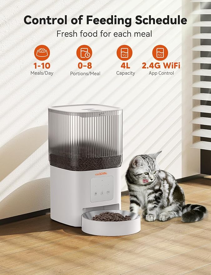 WOPET Automatic Cat Feeder, WiFi Automatic Dog Feeder with APP Control for Remote Feeding, Automatic Cat Food Dispenser with 10S Voice Record,1-10 Meals Per Day for Cats and Dogs