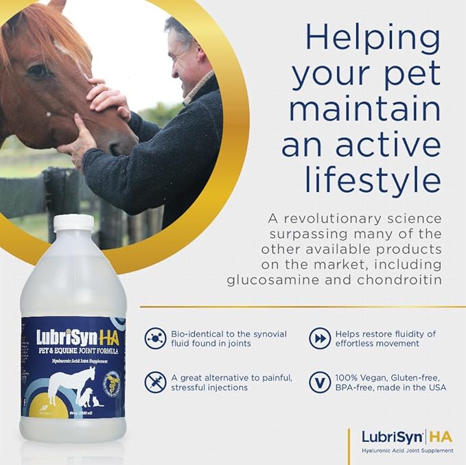 LubriSynHA Hyaluronic Acid Pet & Equine Joint Formula 64oz - All-Natural, High-Molecular Weight Liquid Hyaluronan - Joint Support for Horses, Dogs, Cats - Promotes Healthy Joint Function, Made in USA