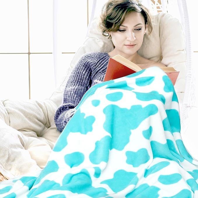 Queen Size Blanket Blue Cow Print Soft Throw Blanket Cozy Fleece Blankets for Adults