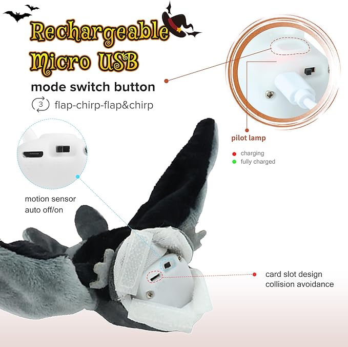 LEWISER Cat Toys, Rechargeable Intelligent Flapping Bat, Suitable for Cat Teaser Stick, Halloween Hanging Interactive Cat Toys for Indoor Cats Chase Exercise, Vivid Chirping, 3 Modes