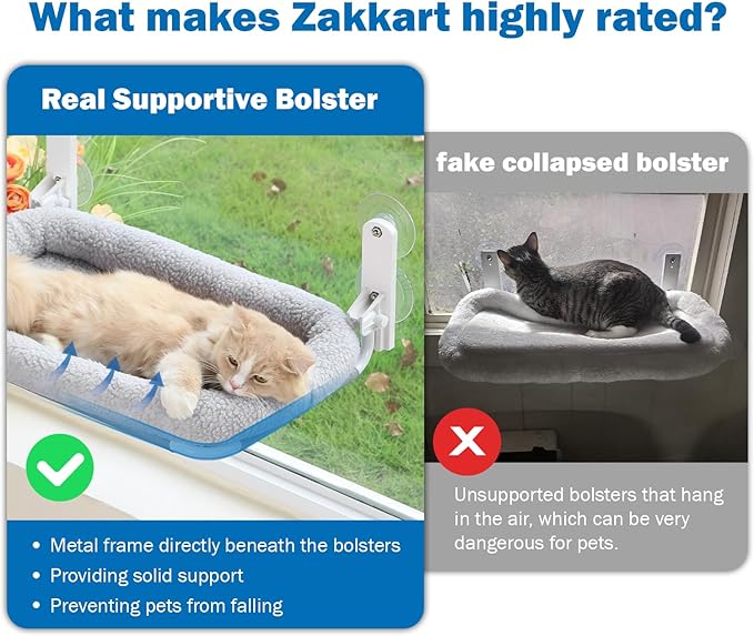 Foldable Cat Hammock for Window - Cordless, Embeded Machine Washable Bed, Robust Metal Frame - Cat Window Perch for Large Cats and Kittens (Gray Bolster Bed, Large)