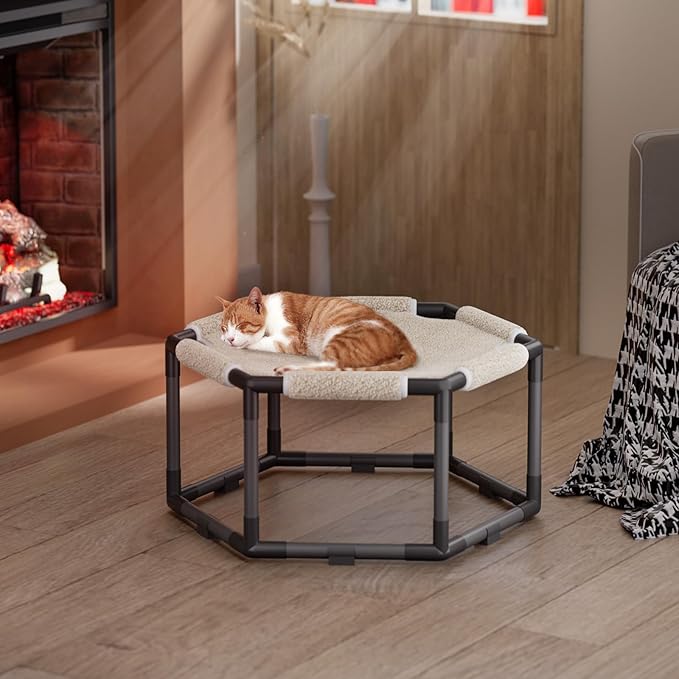Tresbro Cat Bed, Hexagon Warm Elevated Cat Bed with Thick Teddy Velvet & Anti-Slip Pads, Raised Cat Hammock Bed for Indoor and Outdoor Use, 20.5'' x 18'' x 9.4'' Cat Hammock for Medium to Small Cats