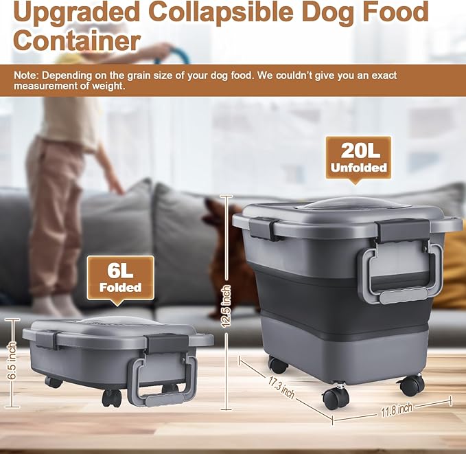 Dog Food Storage Container,10-20 lbs Airtight Collapsible Cat Food Storage Container with Attachable Wheels, Portable Handle, Dog Food Scoop for Dog Cat Bird Pet Dry Food Storage Bin Medium Pack of 2