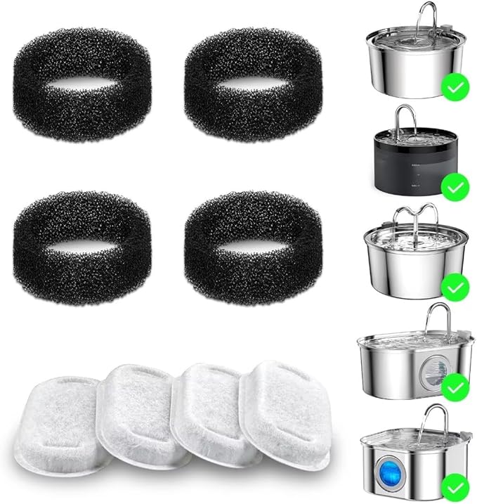 Wonder Creature Cat Water Fountain Filter 8 pc for Stainless Steel Cat Fountain 2L/67oz and 3.2L/108oz, Carbon Filter Plus Sponge Foam Filter Pack (8)