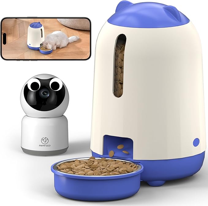 Smart Automatic Cat feeders(2.4G WiFi) and External Camera(2.4/5G WiFi), WiFi Pet Feeder with APP, 1080P HD Video with Enhanced IR Night Vision,Blue-Tooth Link Assist Function&Cloud Storage