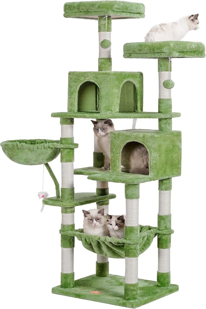 Heybly Cat Tree, 70 inches Tall Cat Tower condo with Toy for Indoor Large Cats, Cat House Furniture with Padded Plush Perch,Cozy Hammock and Sisal Scratching Posts,Green HCT032GR