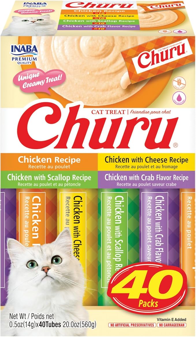 INABA Churu Cat Treats, Grain-Free, Lickable, Squeezable Creamy Purée Cat Treat/Topper, 0.5 Ounces Each Tube, 40 Tubes, Chicken Varieties Box