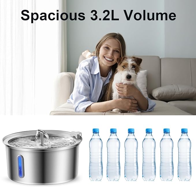 Cat Water Fountain Stainless Steel, 0.8gal/108oz Pet Water Fountain, 3 Replacement Filters, Automatic Cat Fountain with Quiet Pump Suitable for Cats, Dogs and Multi-pet households (Window)