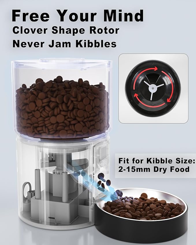 Automatic Cat Feeder Flexible Schedule Timer,6 Meals/Day,1-12 Portions/Meal,Dual Power Auto Feeder Dry Food Dispenser,10S Voice Record,for Cats & Small Dogs (Black,3.6L Stainless Steel Bowl)