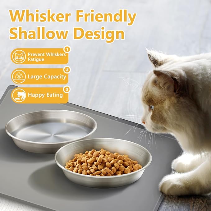 Wide Whisker Friendly Cat Dishes Set 6.7", Stainless Steel Cats Bowls, Shallow Food Bowl, Indoor Kitten Feeding Wet & Dry Food Dish to Prevent Whisker Fatigue(13 OZ) (Cat Bowls, 2 PCS)