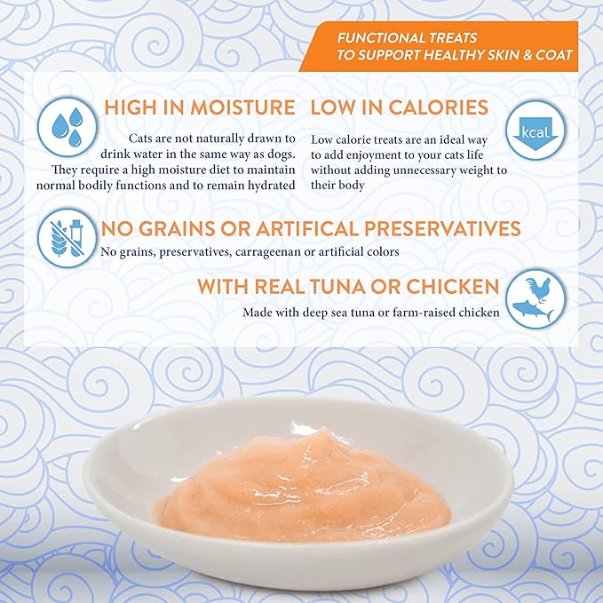 INABA Churu for Skin and Coat Lickable Purée Natural Cat Treats with Omega Oils, Taurine and Green Tea, 0.5 Ounces Each - Tuna Recipe (48 Tubes)