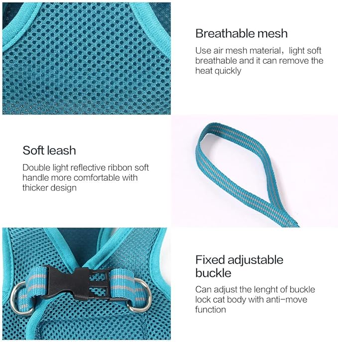 Heywean Cat Harness and Leash - Ultra Light Escape Proof Kitten Collar Cat Walking Jacket with Running Cushioning Soft and Comfortable Suitable for Puppies Rabbits (M, Turquoise)