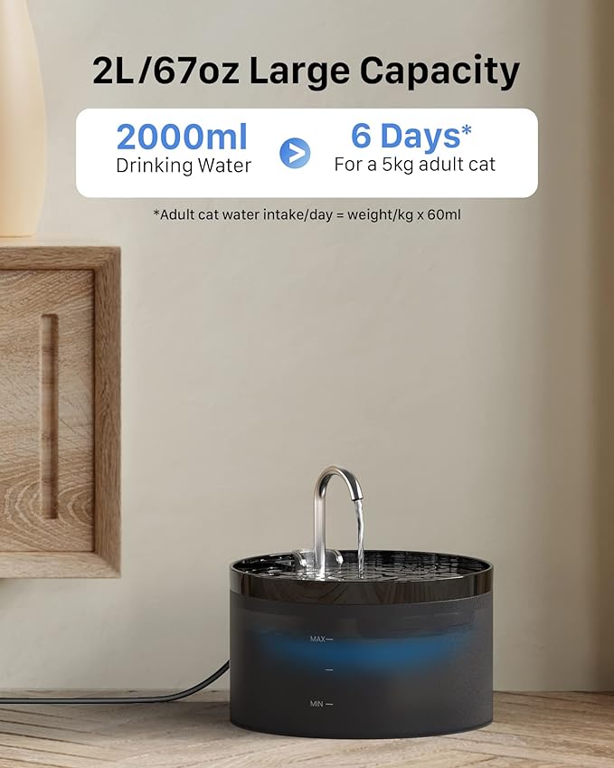 Cat Water Fountain for Cats Indoor: 67oz/2L GIOTOHUN Cat Fountains - Silent Pet Water Fountain for Drinking - Black Cat Drinking Fountain with Light - Faucet Pet Fountain with 6 Filters + 3 Sponges
