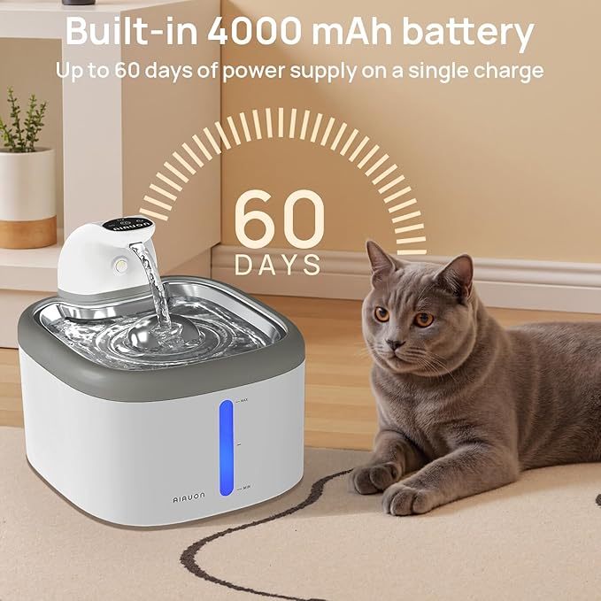 Cat Water Fountain 118oz/3.5L Battery Operated Cat Water Fountain Wireless Pet Water Fountain for Cats Inside, Automatic Cat Waterer Fountain for Cats Dogs Multiple Pets (Light Gray)
