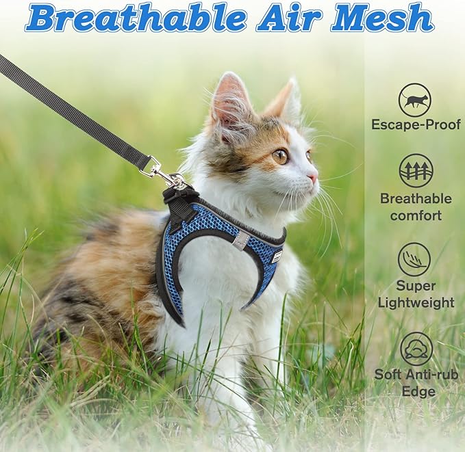 Cat Harness and Leash for Walking Escape Proof, Adjustable Kitten Vest Harness Reflective Soft Mesh Puppy Harness for Outdoor, Comfort Fit, Easy to Control (Blue, M)