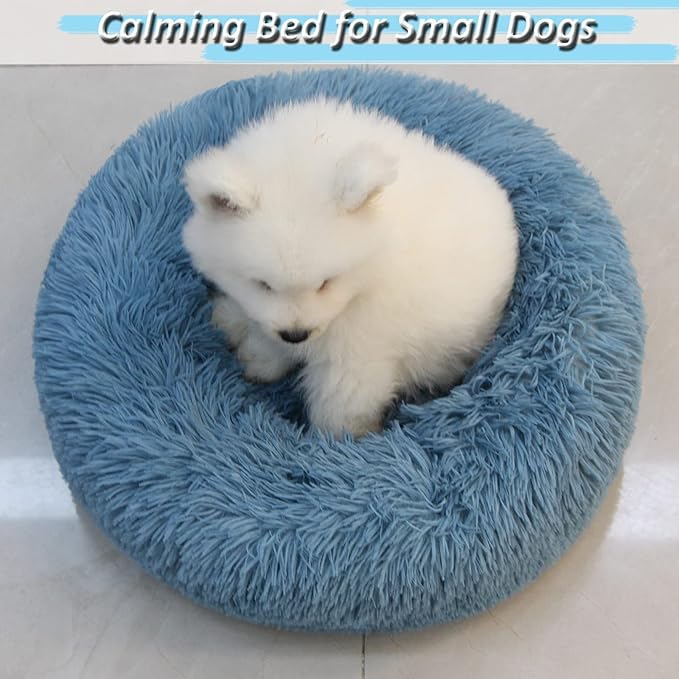 Comfy Calming Dogs Bed for Deep Sleep Small Puppy ,Puppy Bed with Fluffy Donut is for Anxiety Small Dogs,19" Round Soft Faux Fur Pet Bed for Small Dogs Under 15 lbs Machine Washable Blue