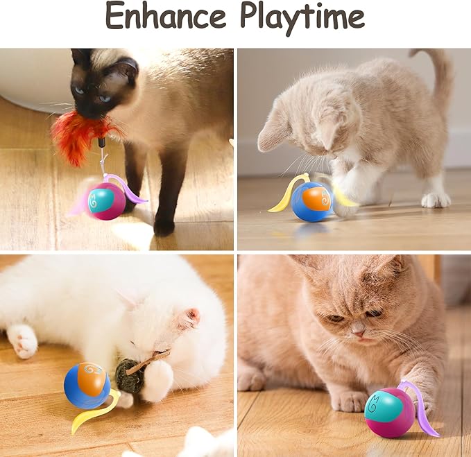 Migipaws Interactive Cat Ball Toy Set, Fun Tracker, Automatic Rolling Chase Ball with Fluffy Tail, A Small Mice, Rechargeable(Rose)