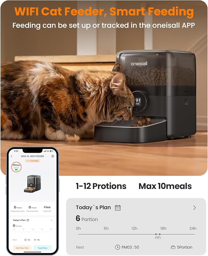 oneisall Automatic Cat Feeder, WiFi Rechargeable Cordless Pet Feeder, 100 Day Battery Operated Pet Feeder, 3L Timed Cat Food Dispenser for Large Kibble, Smart App Control, Black
