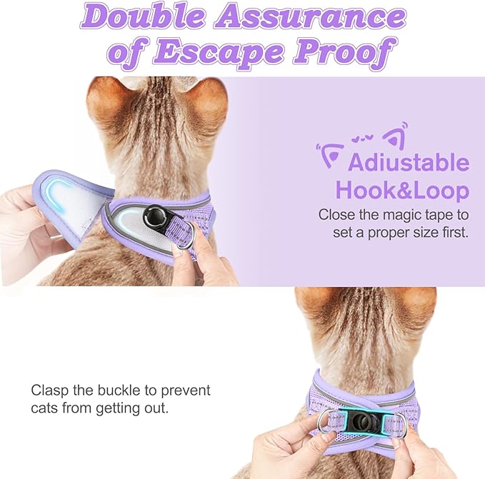 Cat Harness and Leash for Walking Escape Proof, Adjustable Kitten Vest Harness Reflective Soft Mesh Puppy Harness for Outdoor, Comfort Fit, Easy to Control (Purple, S)