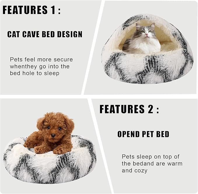 HYQ Small Dog Bed with Cover Cave, Cozy Cat Cave Bed, Round Puppy Bed with Hooded Cover, Cat Beds for Indoor Cats Washable, Dog Beds for Small Dogs with Anti-Slip Bottom (Grey-White, 24×24 Inch)