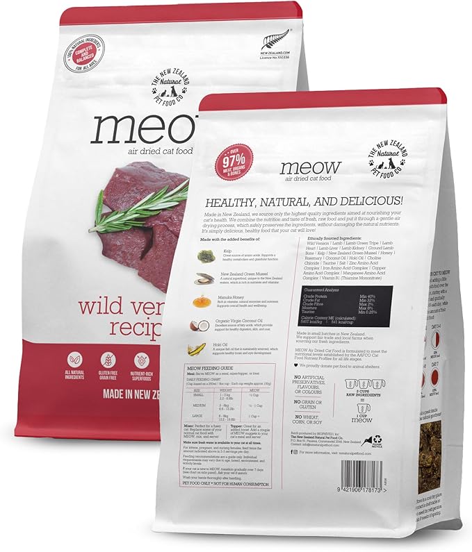 Meow Air Dried Cat Food - Venison Recipe, High Protein Dry Cat Food Use as a Complete Diet, Topper, Mixer, or as Cat Training Treats, All Life Stages, 26.5 oz