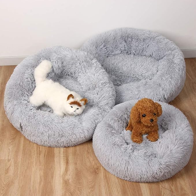otoez Kitten Puppy Bed Small Round Dog Cat Beds Anti Anxiety Plush Pet Calming Donut Bed with Non-Slip Waterproof Bottom, Washable (19.7", Light Grey)