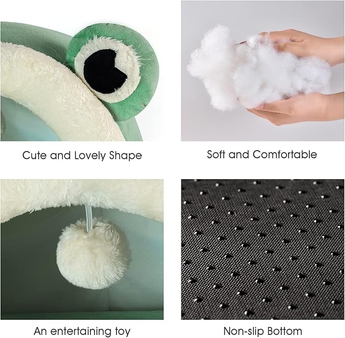 Jiupety Cute Cat Bed, Indoor Lovely Crystal Velvet Igloo for Cat, Warm Cave Sleeping Nest Bed for Puppy and Kitten, Green Frog, S