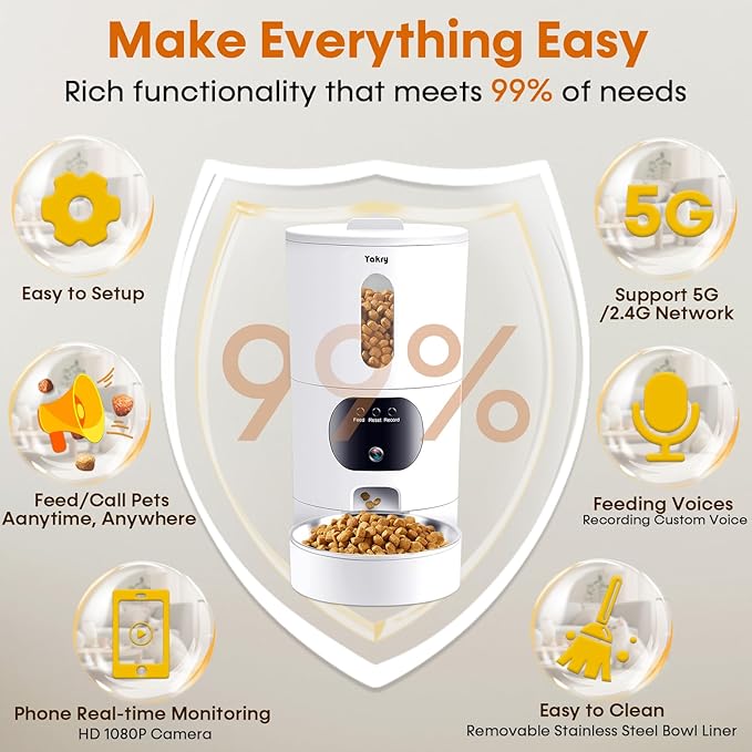 Automatic Cat Feeders Camera 5G: WiFi Easy to Clean Timed Smart Dog Food Dispenser 2-Way Audio Memory Function Pet Feeder HD 1080P Video Record APP Control Dry Food Clear Night Vision Yakry
