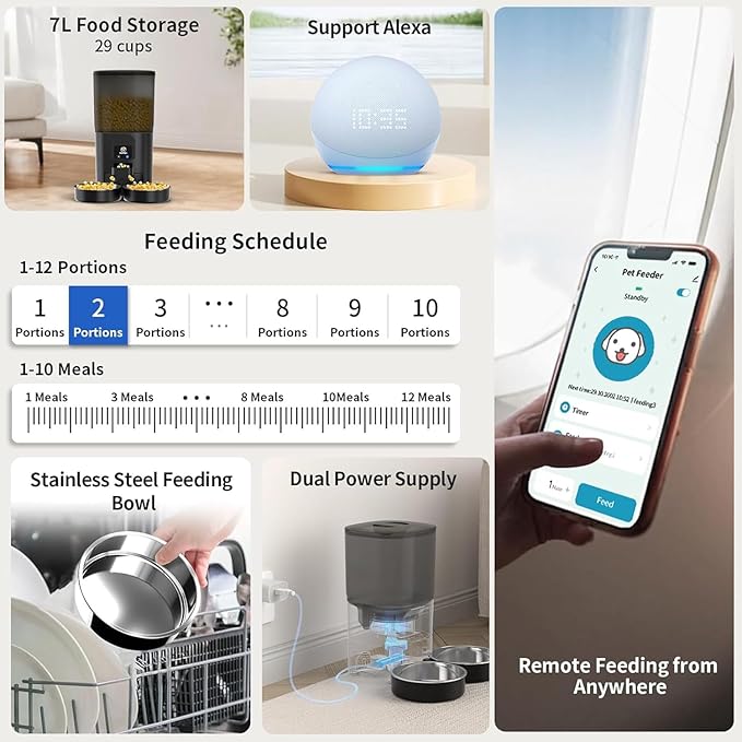 7L Automatic Cat Feeders for 2 Cats - 2.4G WiFi Timed Auto Feeder with APP Control for Remote Feeding, Cat Food Dispenser with Alexa, Detachable for Easy Clean, 1-10 Meals Per Day - Black