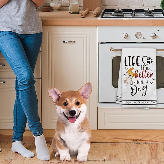 Hexagram Dog Mom Gifts for Women, Dog Kitchen Towels Set of 4, Corgi Gifts for Corgi Lovers, Funny Cute Dish Hand Towels for Home Kitchen Decor